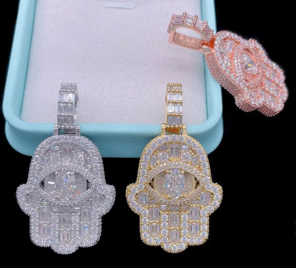 Iced Baguette Hamsa Pendant (Passes the Diamond tester)